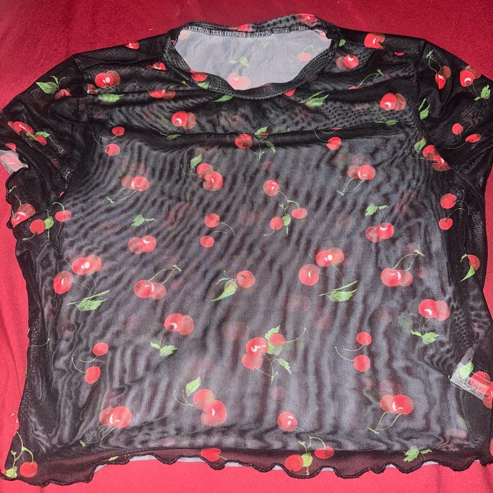 SHEIN Black Cherry Print Mesh Blouse